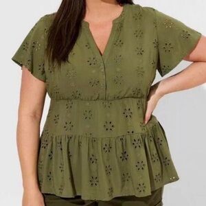 Torrid Tiered Eyelet Babydoll Lined Top V-Neck Olive Green Blouse Sz 3XL